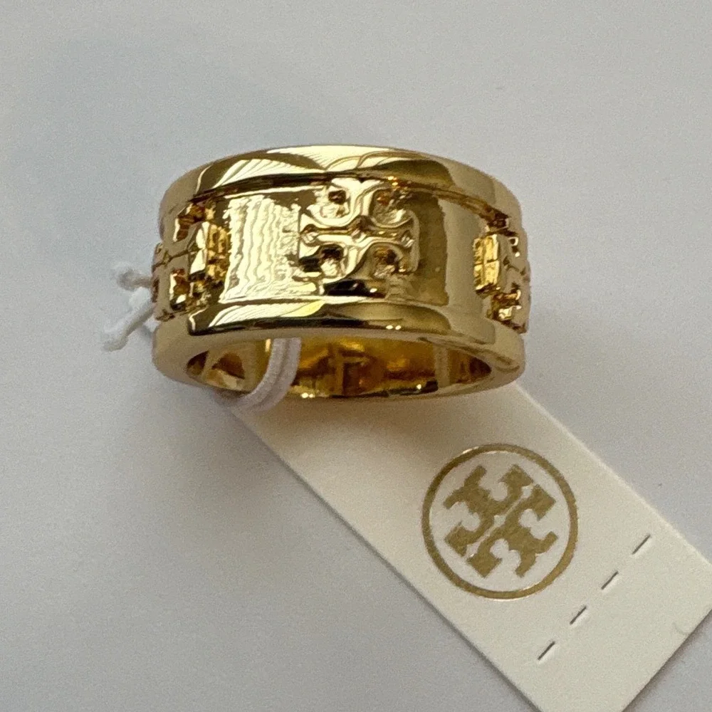 Tory Burch Miller Stud Ring Gold Tone Wide Band Logo Size 7 New